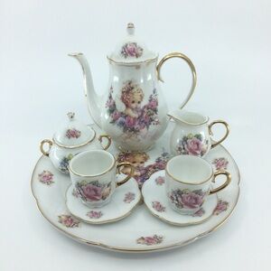 Vintage Children's Mini Tea Set White Porcelain Angel Pink Floral Gold Trim 10pc